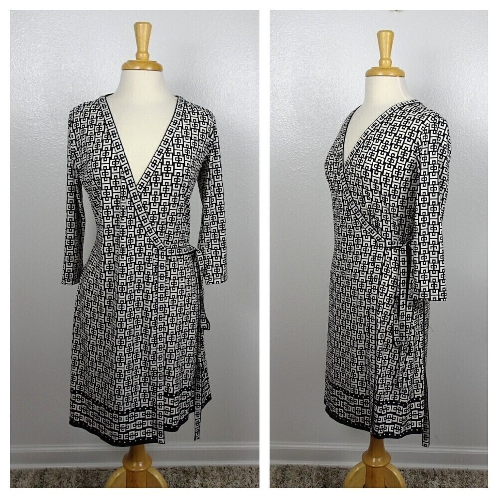 MAX STUDIO Women's Wrap Dress Geometric Crossover Tie Waist 3/4 Sleeve Stretch S